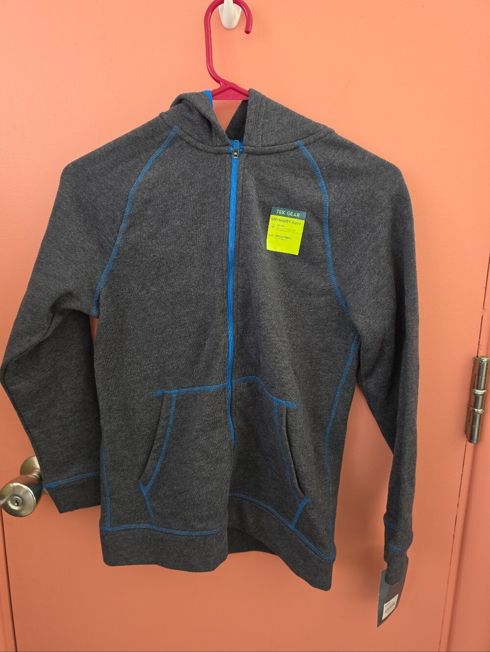 NWT Tek Gear Boys Medium Ultra Soft Fleece Zip-Up Hoodie Jacket Grey Blue Trim
